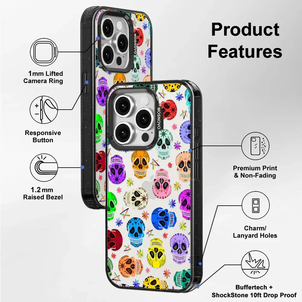 Sugar Skull Phone Case - iPhone 15 Pro Case Clear Black ShockStone