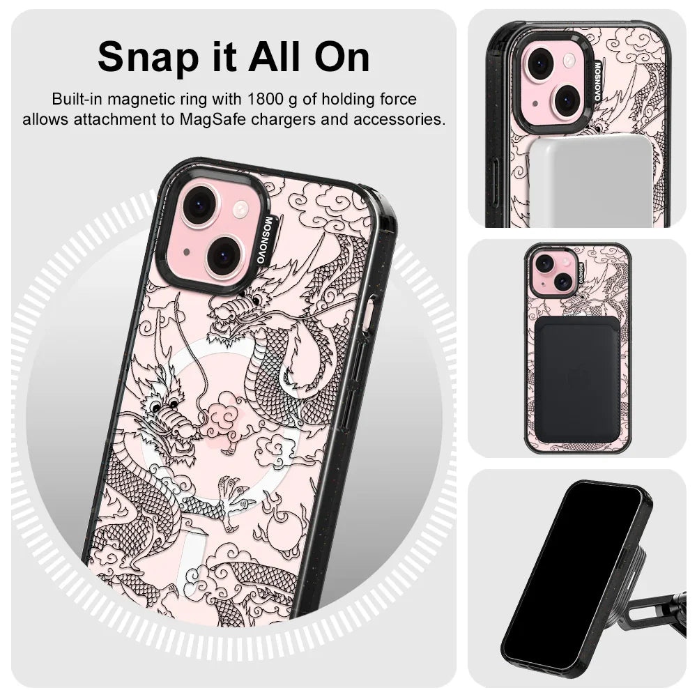 Black Dragon Phone Case - iPhone 15 Case Clear Black ShockStone With MagSafe