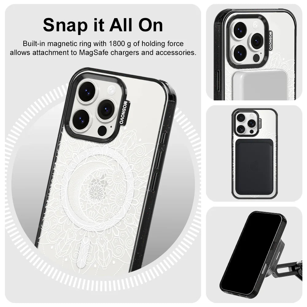 Celestial Moon Mandala Phone Case - iPhone 16 Pro Case Clear Black ShockStone With MagSafe