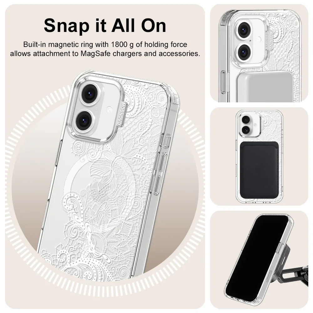 Lacy White Flower Phone Case - iPhone 16 Case Clear With MagSafe