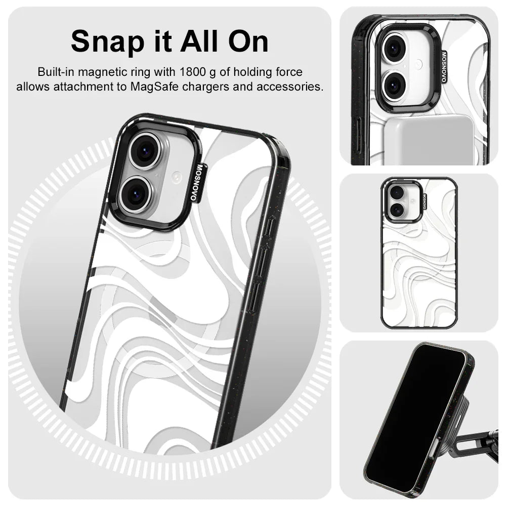 White Swirl Phone Case - iPhone 16 Case Clear Black ShockStone With MagSafe