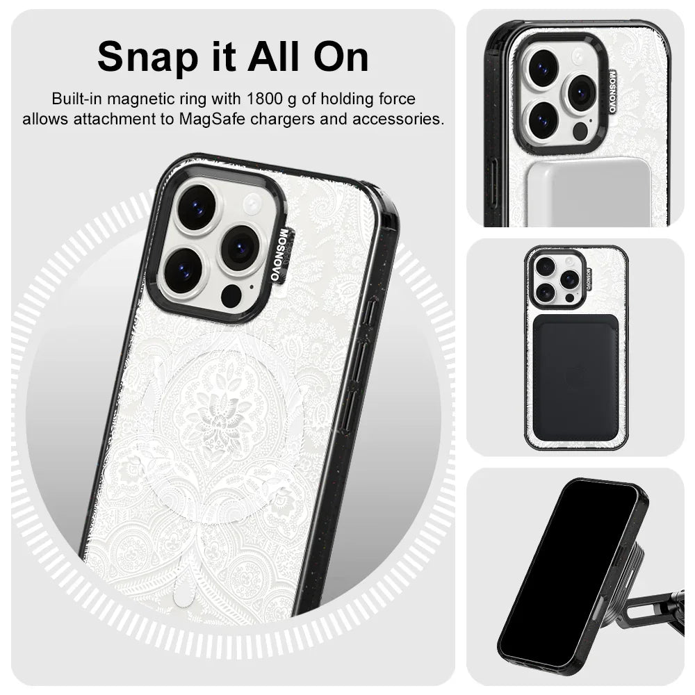 White Damask Phone Case - iPhone 16 Pro Case Clear Black ShockStone With MagSafe