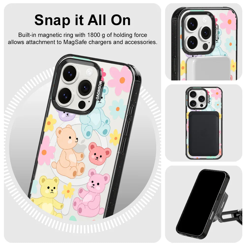 Cute Teddy Bear Phone Case - iPhone 16 Pro Case Clear Black ShockStone With MagSafe