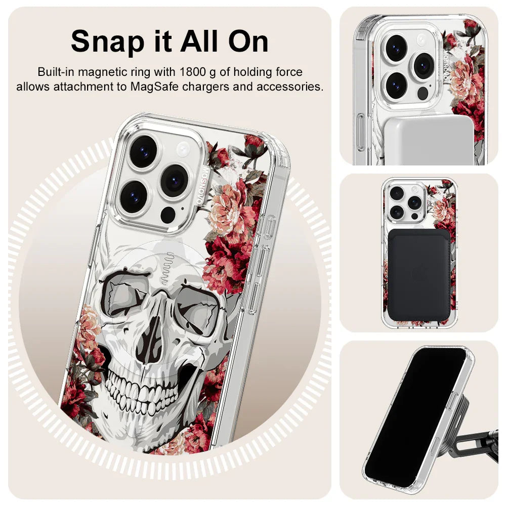 Red Flower Skull Phone Case - iPhone 16 Pro Case Clear With MagSafe