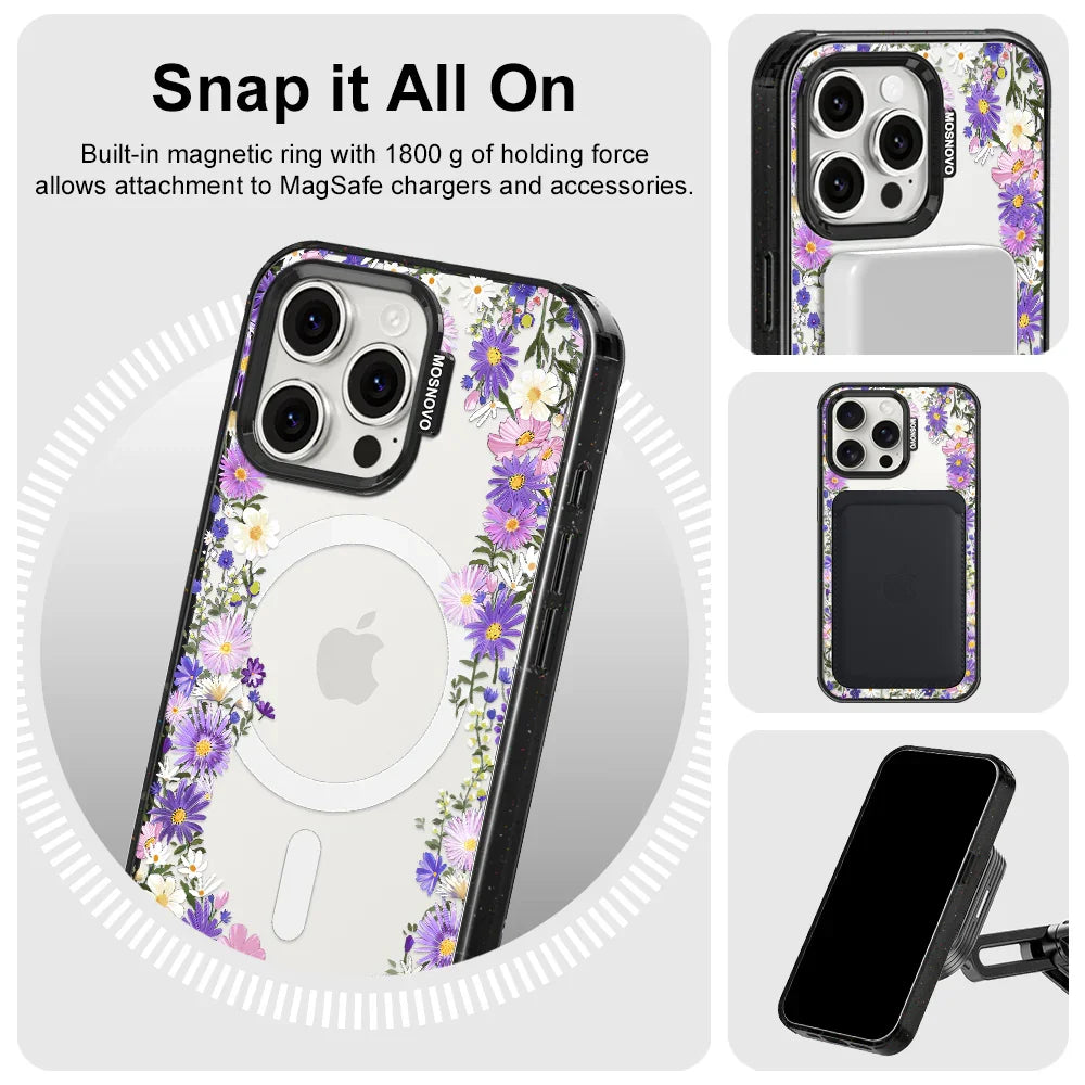 Purple Daisy Garden Phone Case - iPhone 15 Pro Max Case Clear Black ShockStone With MagSafe