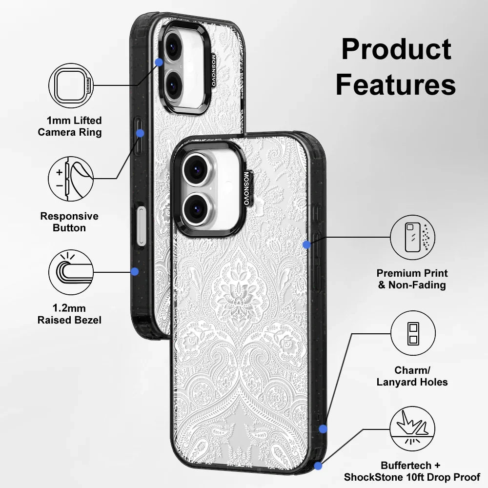 White Damask Phone Case - iPhone 16 Plus Case Clear Black ShockStone
