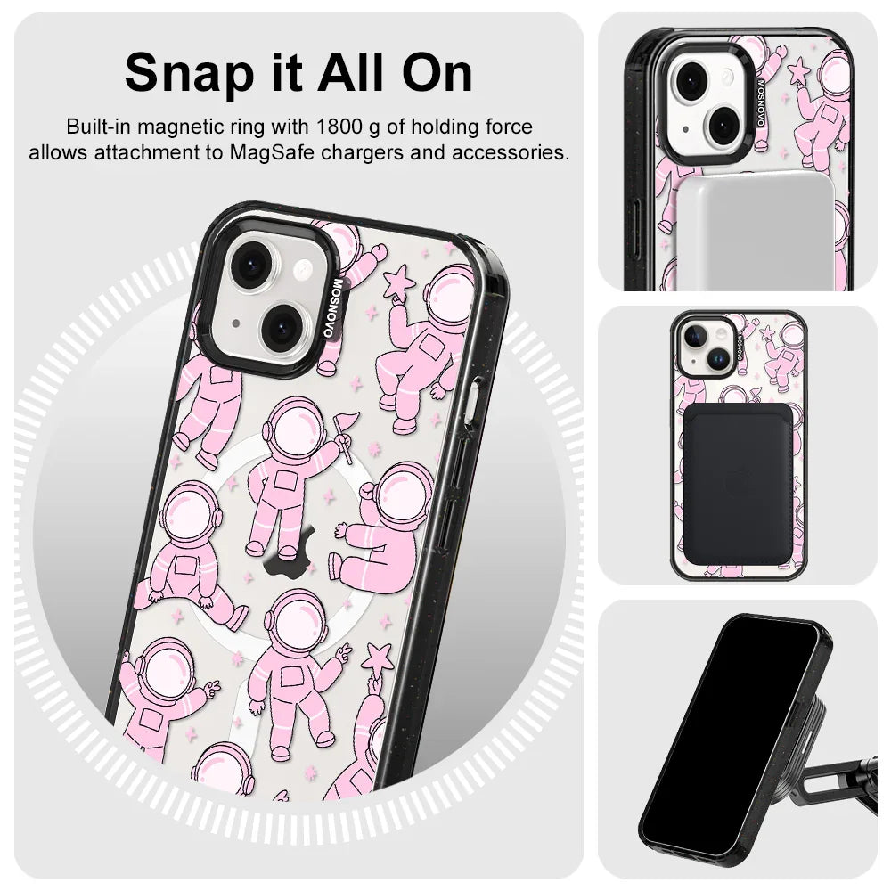 Pink Astronaut Phone Case - iPhone 13 Case Clear Black ShockStone With MagSafe