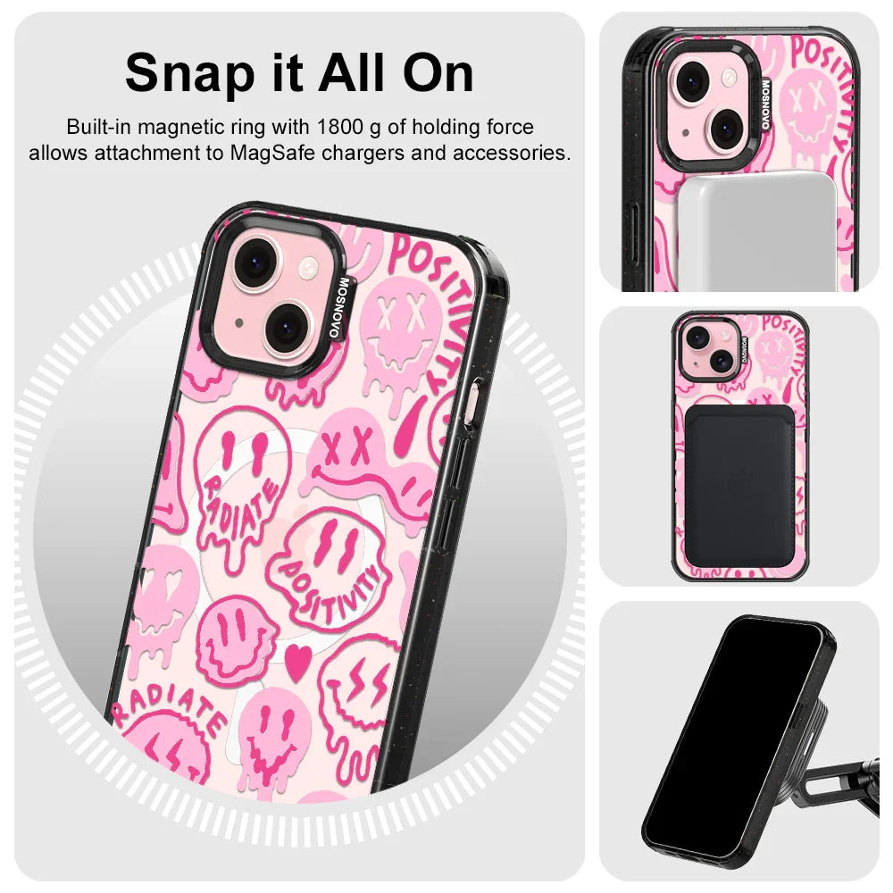 Pink Dripping Smiles Positivity Radiate Face Phone Case - iPhone 15 Case Clear Black ShockStone With MagSafe