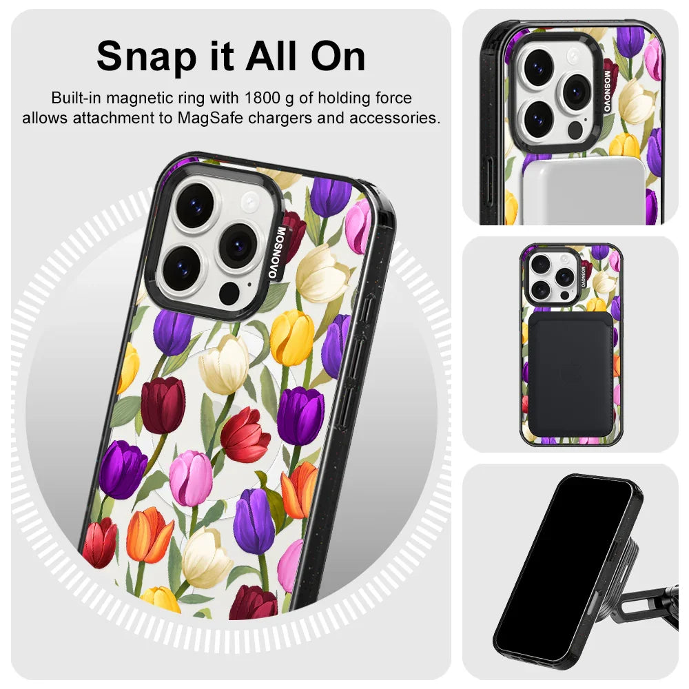 Colorful Tulips Phone Case - iPhone 16 Pro Case Clear Black ShockStone With MagSafe