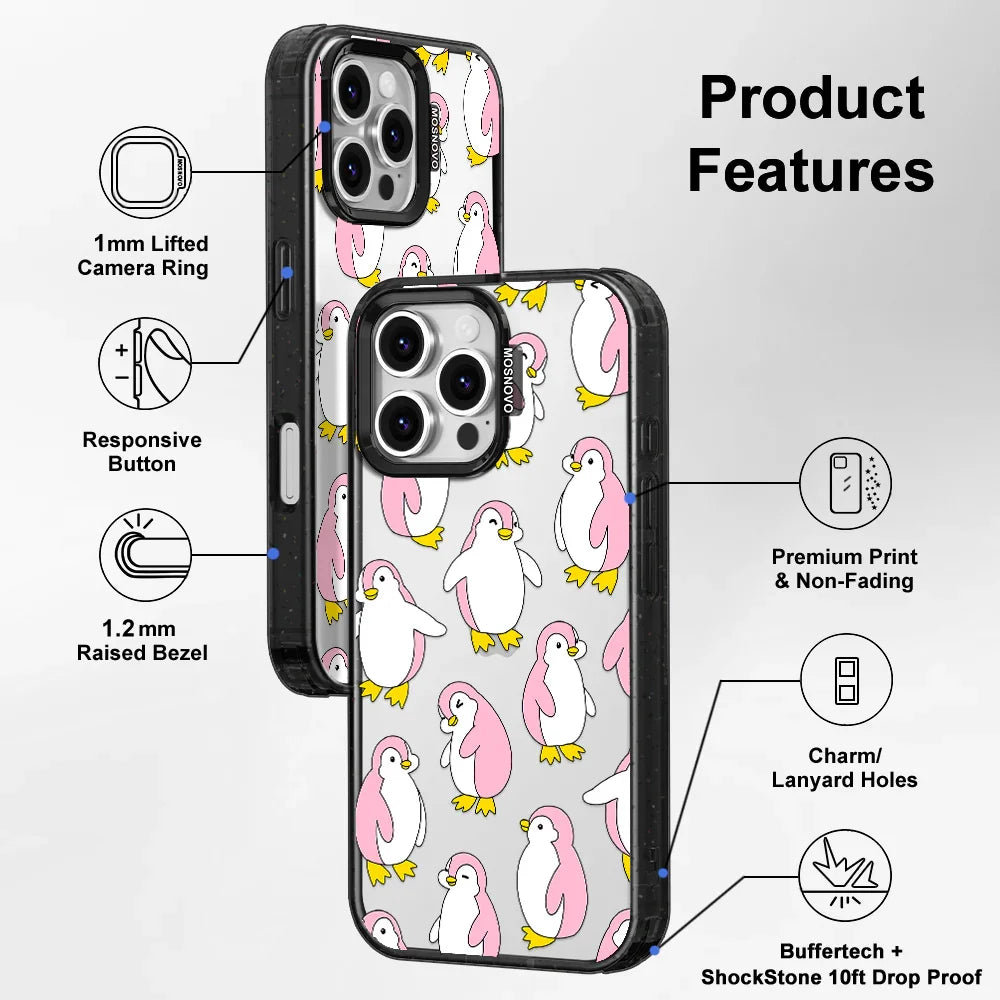 Pink Penguins Phone Case - iPhone 16 Pro Max Case Clear Black ShockStone