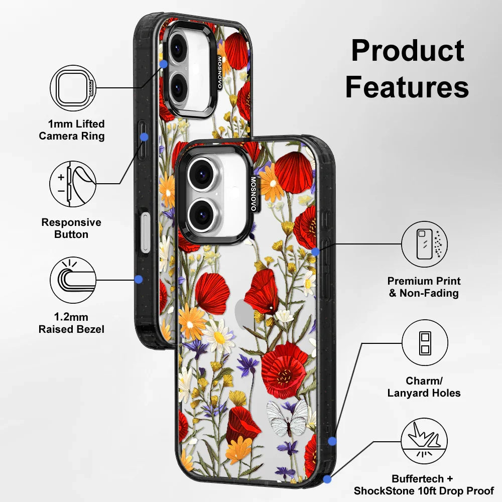 Poppy Floral Phone Case - iPhone 16 Plus Case Clear Black ShockStone