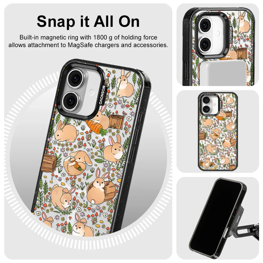Cute Bunny Garden Phone Case - iPhone 16 Case Clear Black ShockStone With MagSafe