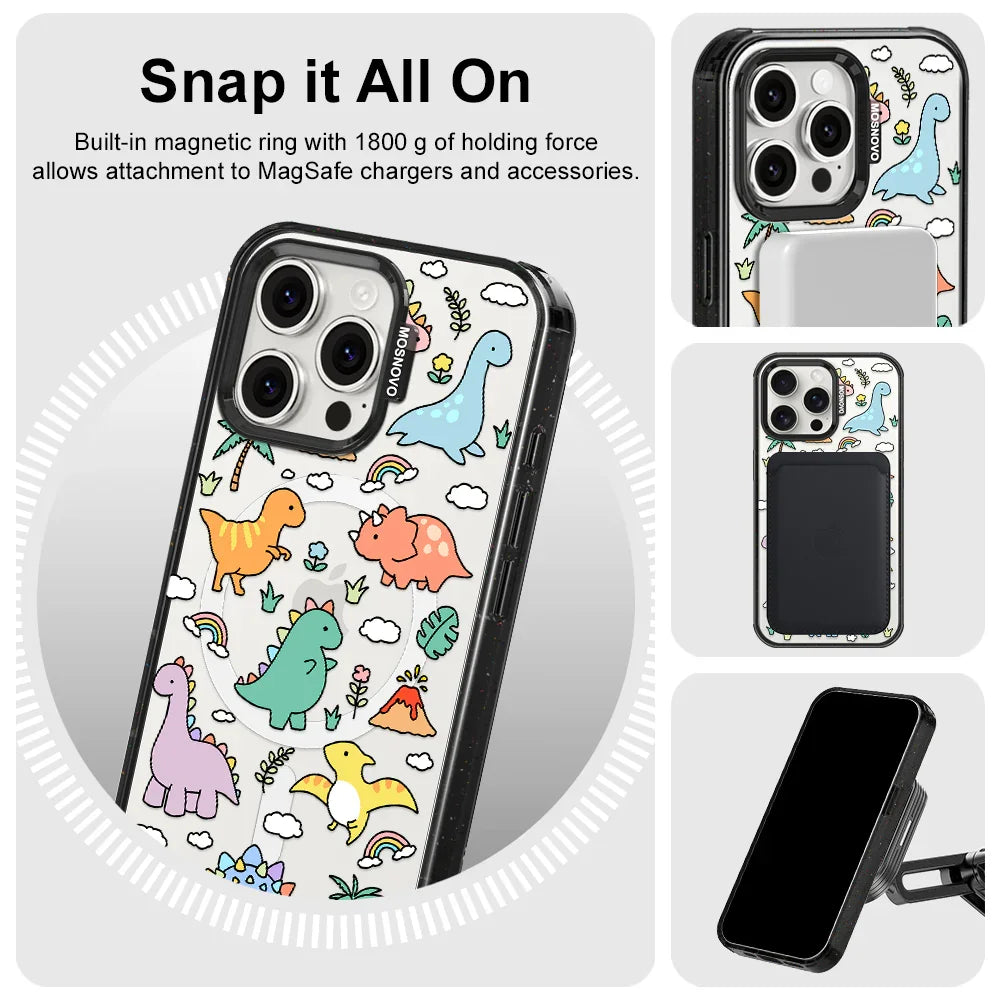 Dinosaur Land Phone Case - iPhone 15 Pro Max Case Clear Black ShockStone With MagSafe