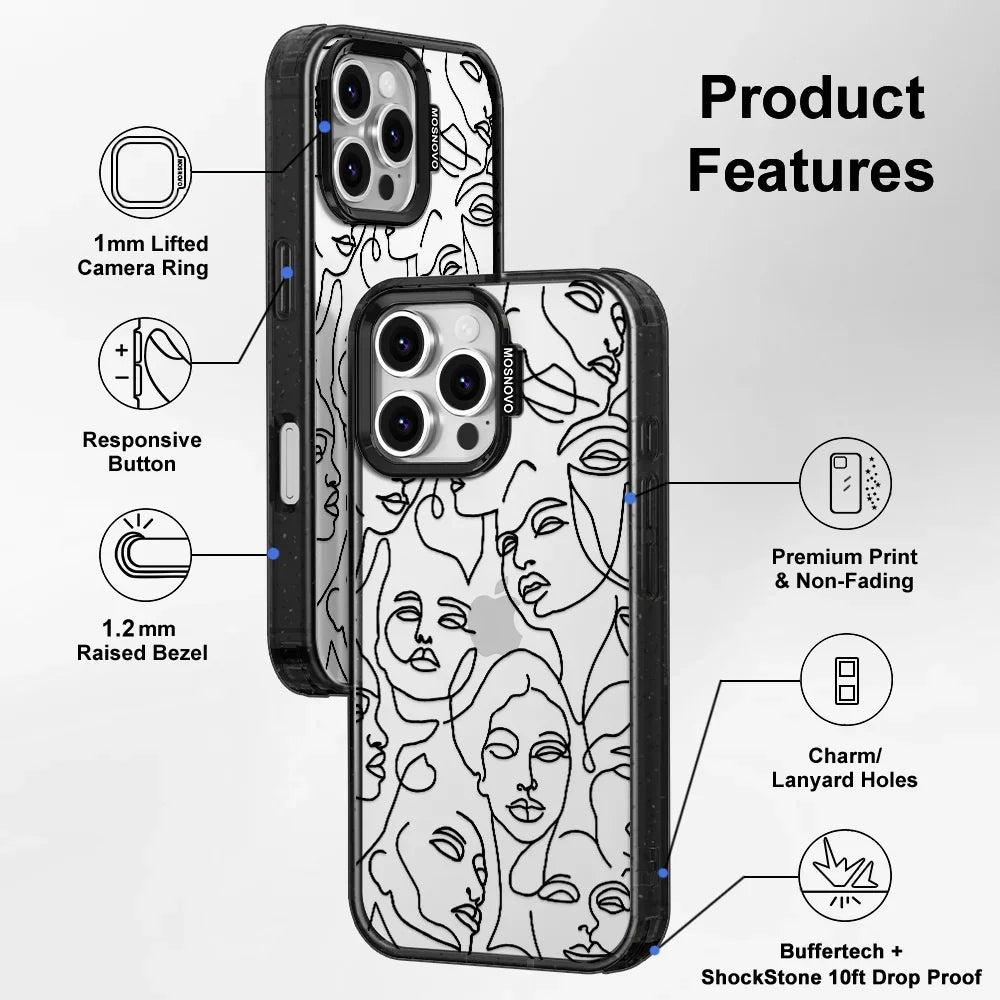 Abstract Face Line Art Phone Case - iPhone 16 Pro Max Case Clear Black ShockStone