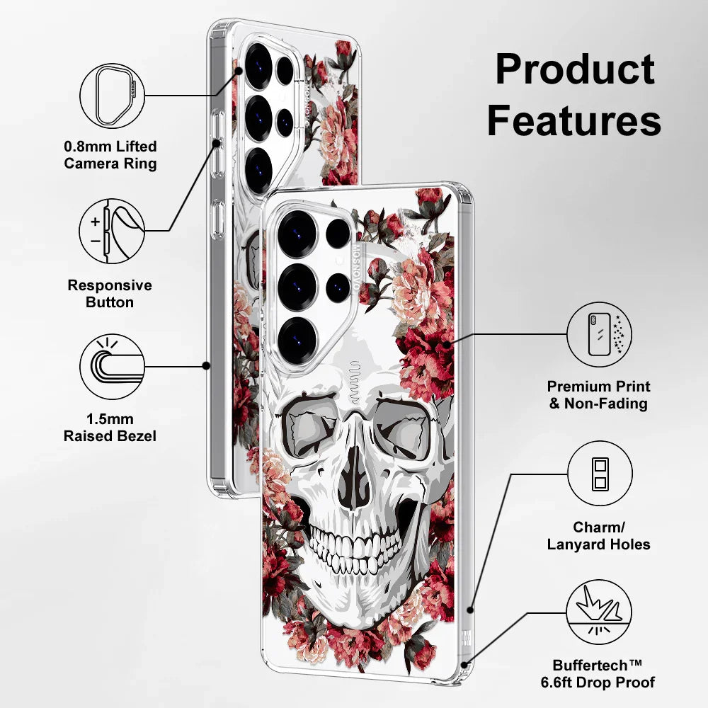 Red Flower Skull Phone Case - Samsung Galaxy S25 Ultra Case Clear