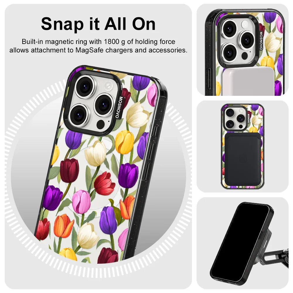Colorful Tulips Phone Case - iPhone 15 Pro Case Clear Black ShockStone With MagSafe