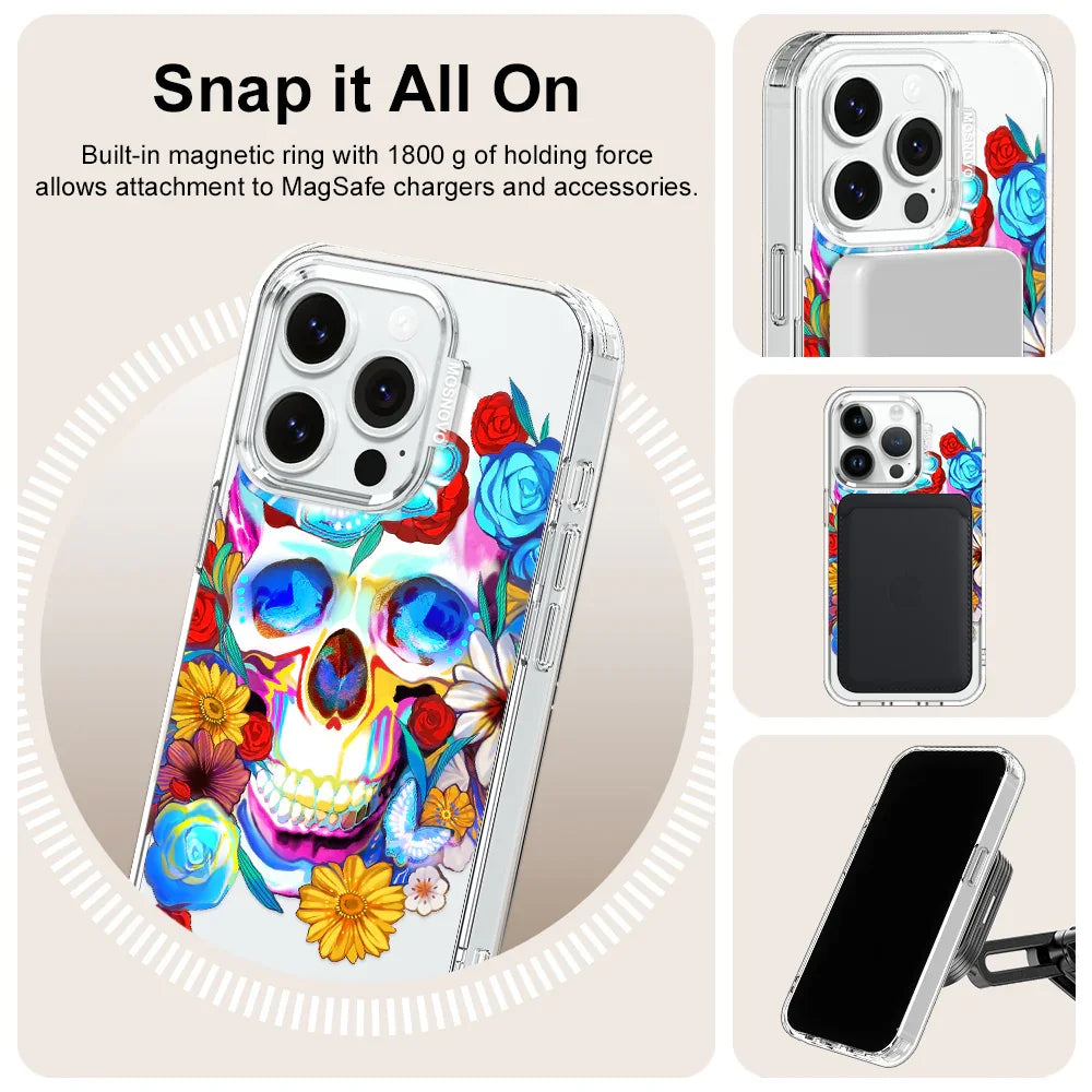 Sugar Flower Skull Phone Case - iPhone 14 Pro Case Clear With MagSafe