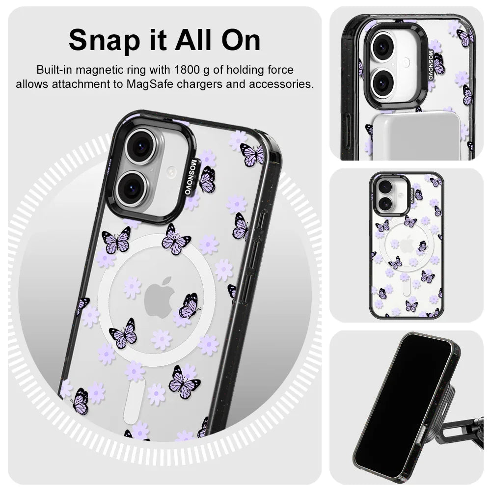 Lilac Butterfly Phone Case - iPhone 16 Case Clear Black ShockStone With MagSafe