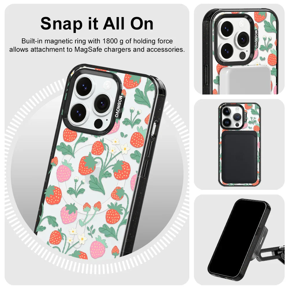 Cute Strawberry Phone Case - iPhone 14 Pro Case Clear Black ShockStone With MagSafe