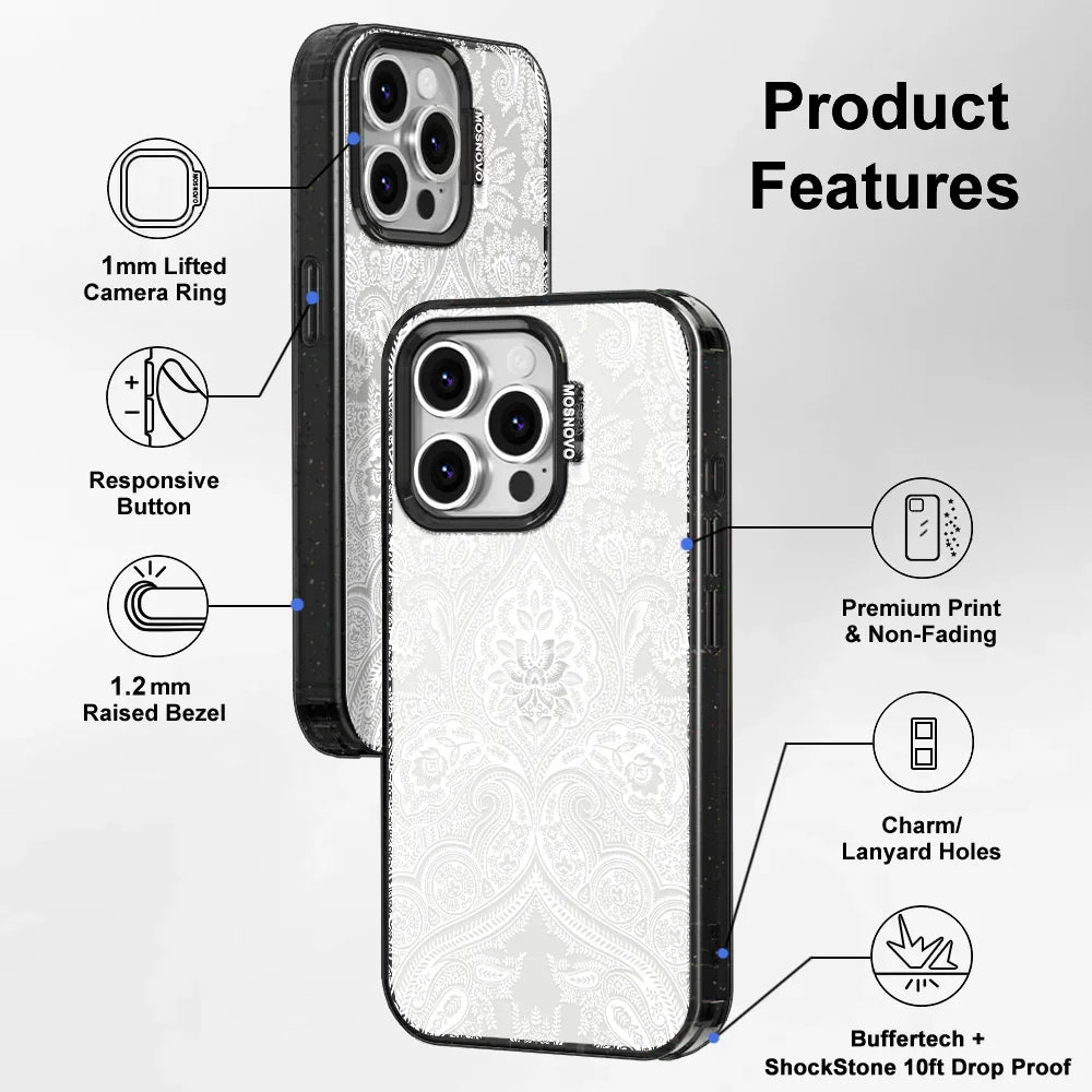 White Damask Phone Case - iPhone 16 Pro Case Clear Black ShockStone