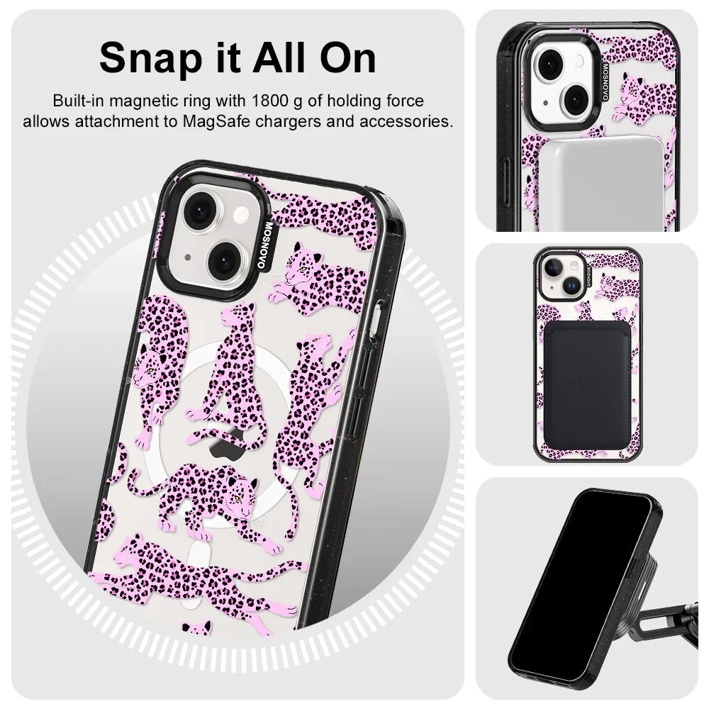 Pink Leopard Phone Case - iPhone 14 Case Clear Black ShockStone With MagSafe