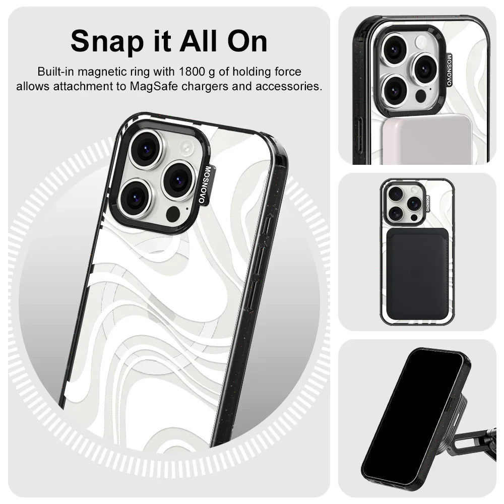 White Swirl Phone Case - iPhone 15 Pro Case Clear Black ShockStone With MagSafe
