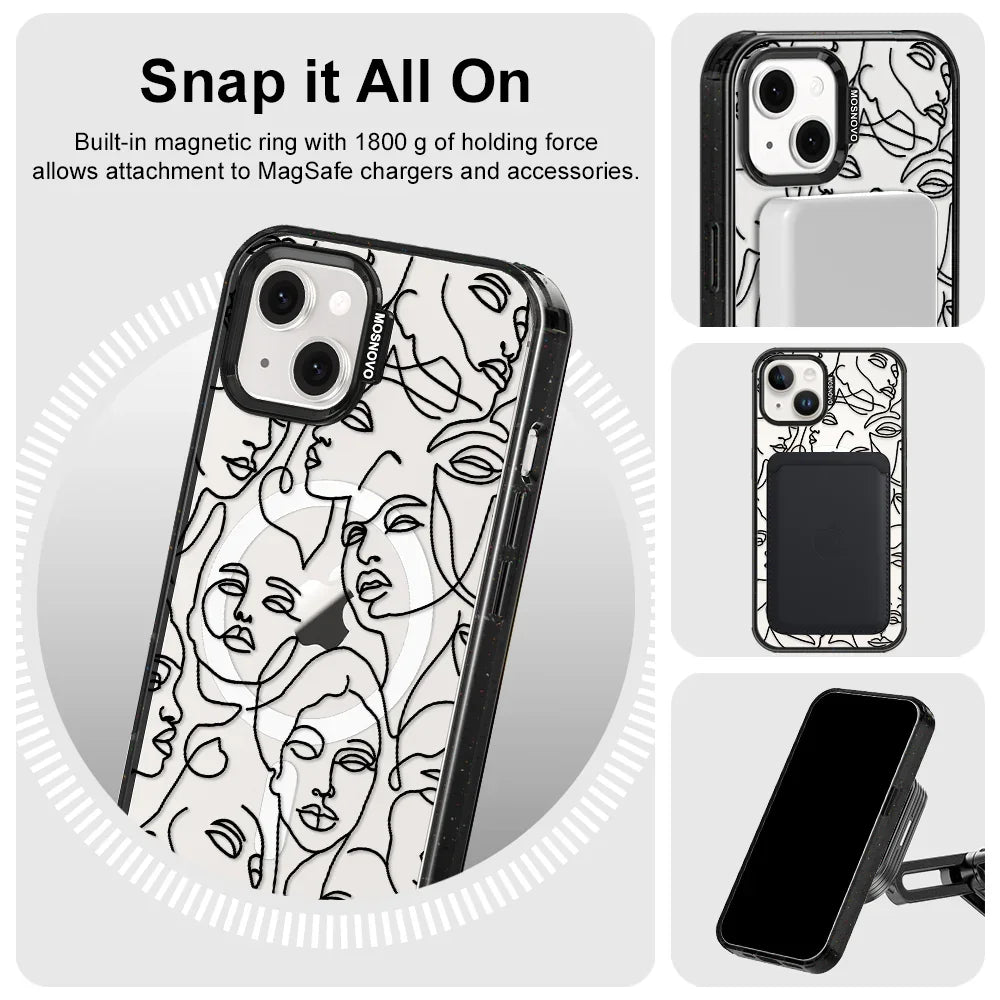 Abstract Face Line Art Phone Case - iPhone 14 Plus Case Clear Black ShockStone With MagSafe