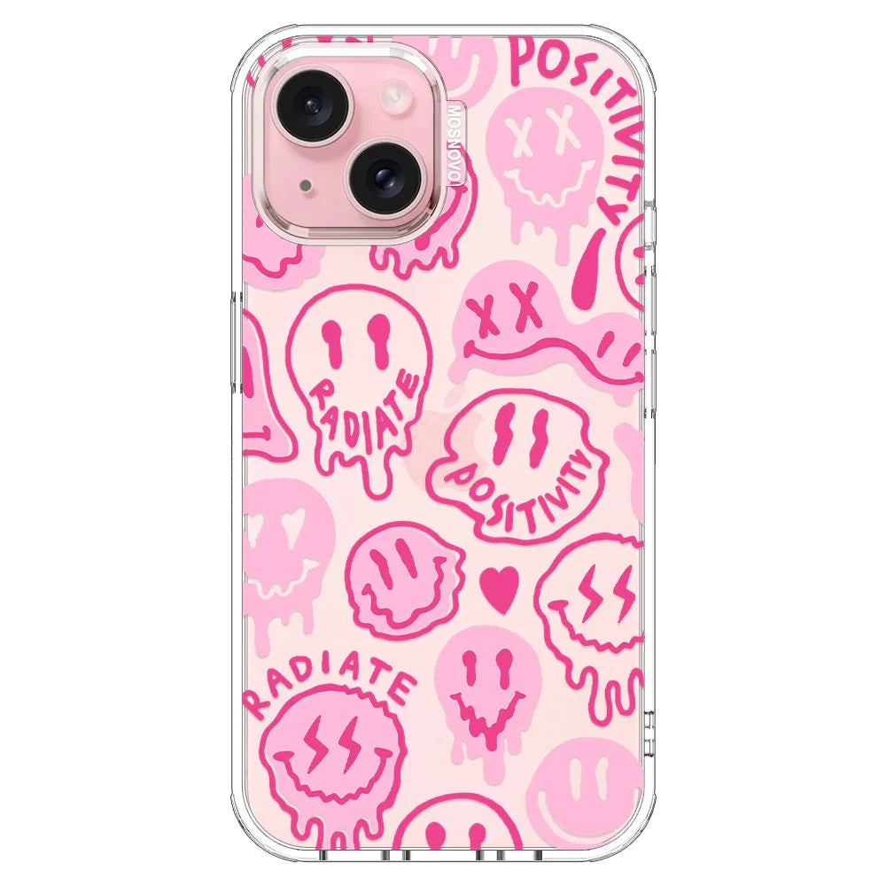 Pink Dripping Smiles Positivity Radiate Face Phone Case - iPhone 15 Case Clear