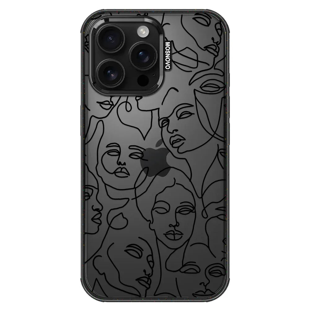 Abstract Face Line Art Phone Case - iPhone 16 Pro Max Case Clear Black ShockStone
