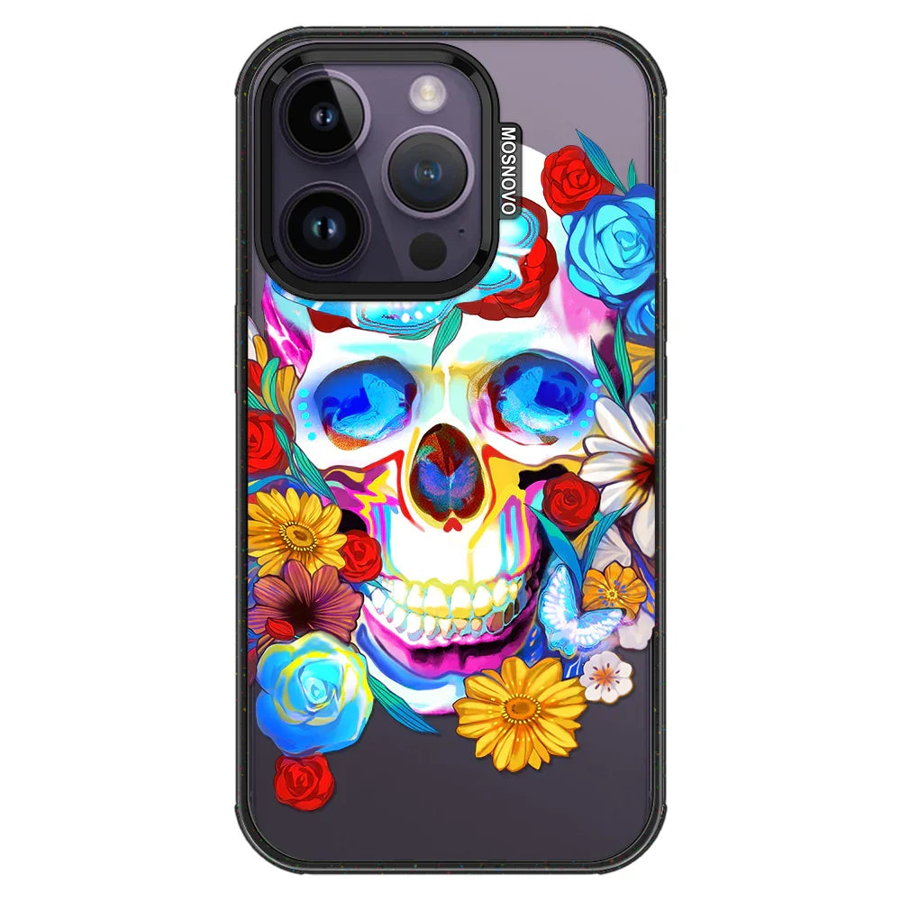 Sugar Flower Skull Phone Case - iPhone 14 Pro Case Clear Black ShockStone