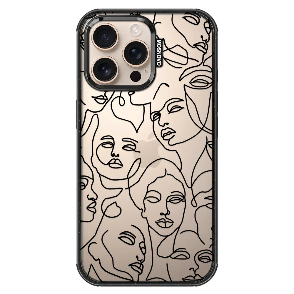 Abstract Face Line Art Phone Case - iPhone 16 Pro Max Case Clear Black ShockStone