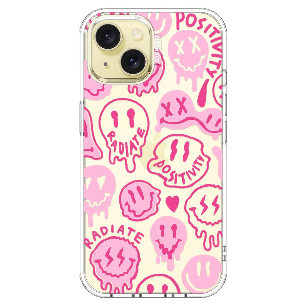 Pink Dripping Smiles Positivity Radiate Face Phone Case - iPhone 15 Case Clear