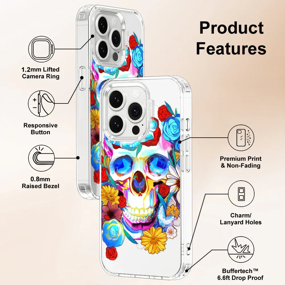 Sugar Flower Skull Phone Case - iPhone 14 Pro Case Clear With MagSafe