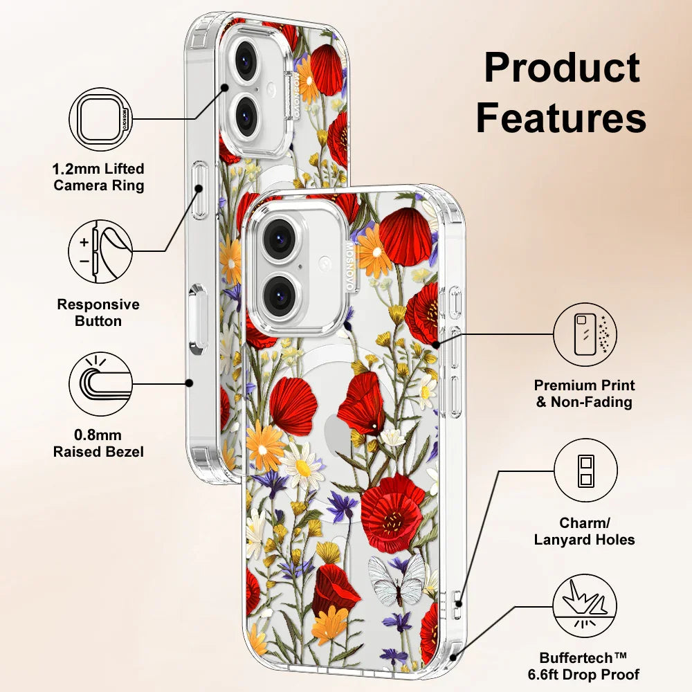 Poppy Floral Phone Case - iPhone 16 Plus Case Clear With MagSafe