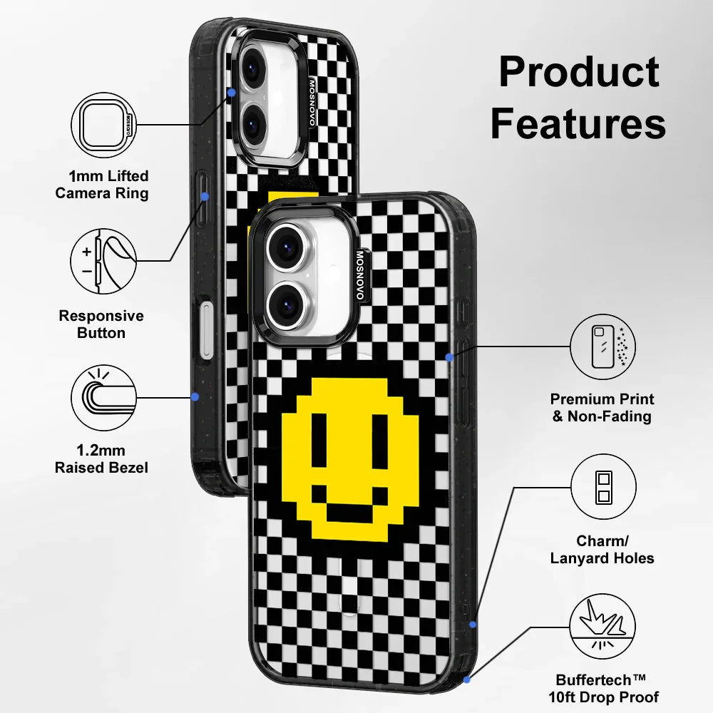 Smile Checkered Phone Case - iPhone 16 Case Clear Black ShockStone With MagSafe