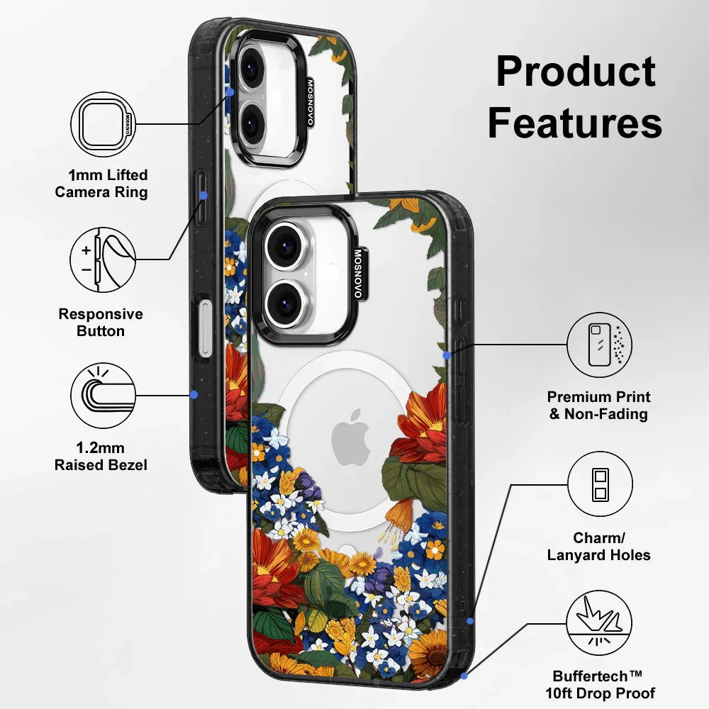 Floral Garden Phone Case - iPhone 16 Plus Case Clear Black ShockStone With MagSafe