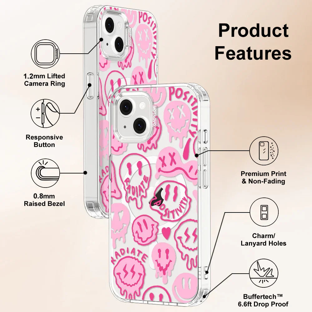 Pink Dripping Smiles Positivity Radiate Face Phone Case - iPhone 14 Case Clear With MagSafe