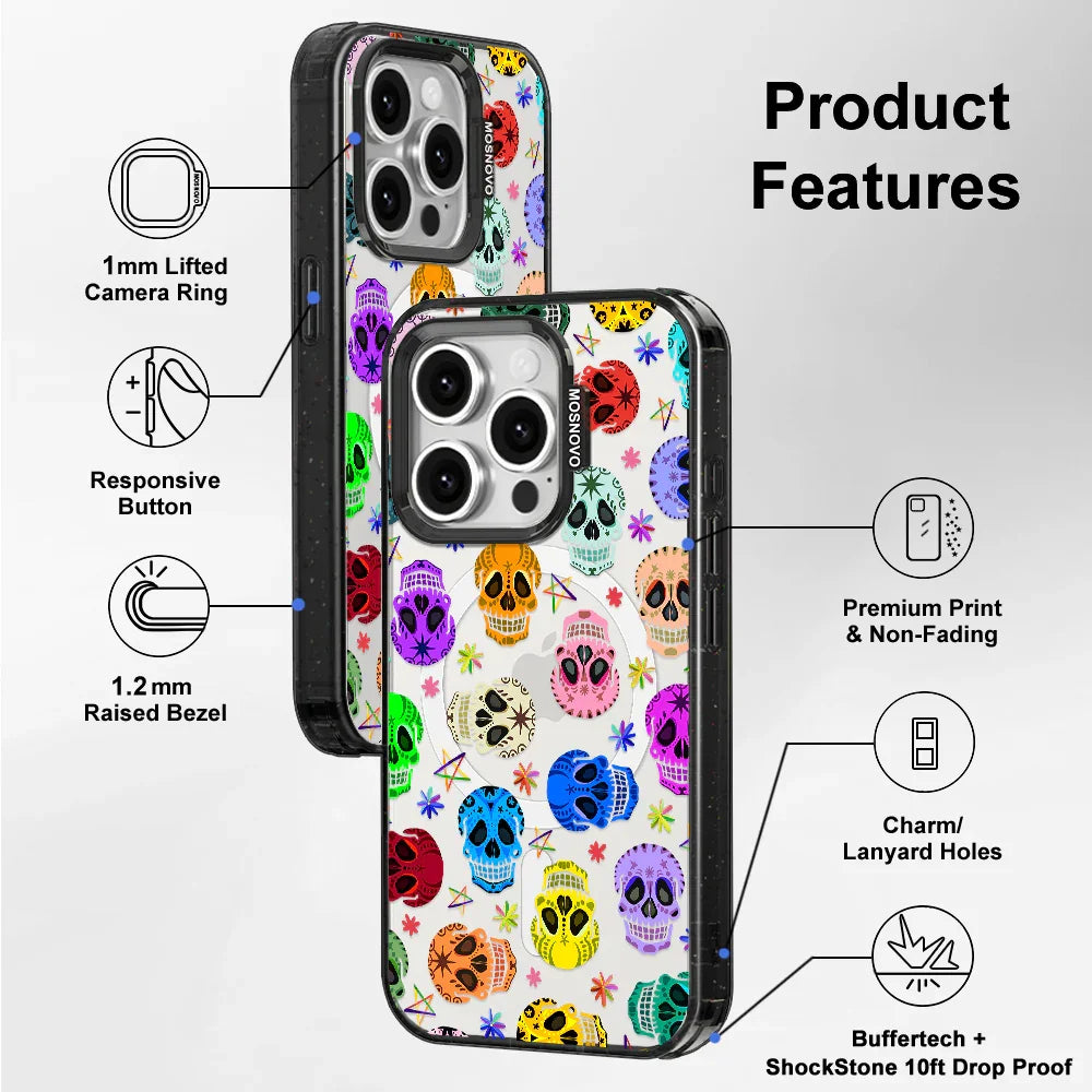 Sugar Skull Phone Case - iPhone 15 Pro Case Clear Black ShockStone With MagSafe