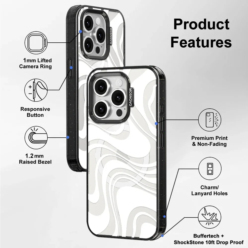 White Swirl Phone Case - iPhone 15 Pro Case Clear Black ShockStone With MagSafe