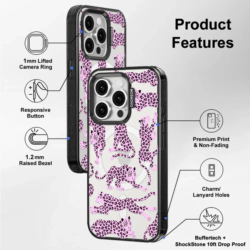 Pink Leopard Phone Case - iPhone 15 Pro Case Clear Black ShockStone With MagSafe