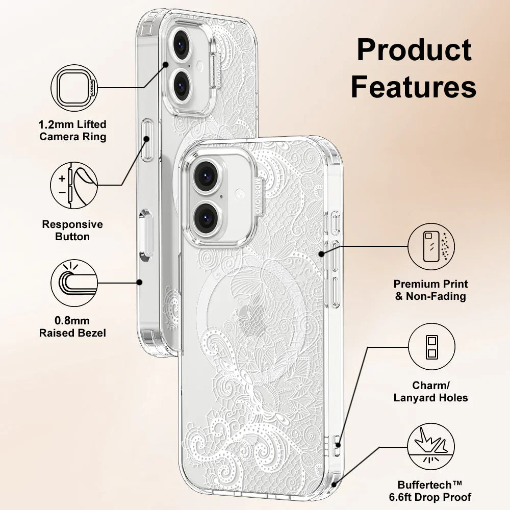 Lacy White Flower Phone Case - iPhone 16 Case Clear With MagSafe