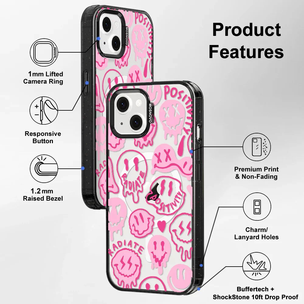 Pink Dripping Smiles Positivity Radiate Face Phone Case - iPhone 14 Case Clear Black ShockStone With MagSafe