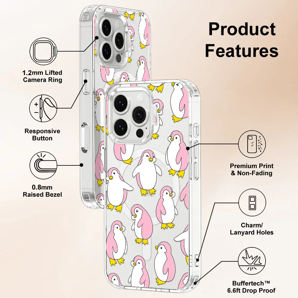 Pink Penguins Phone Case - iPhone 16 Pro Max Case Clear With MagSafe
