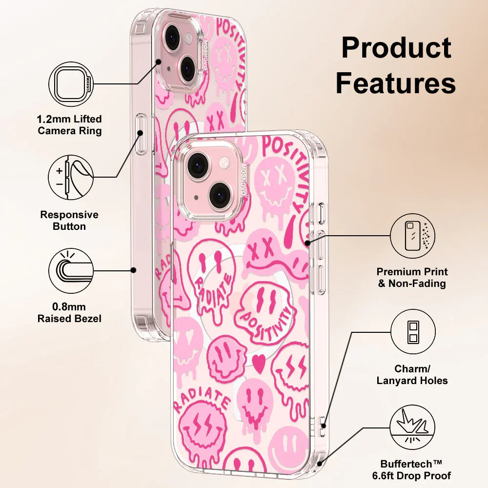 Pink Dripping Smiles Positivity Radiate Face Phone Case - iPhone 15 Case Clear With MagSafe