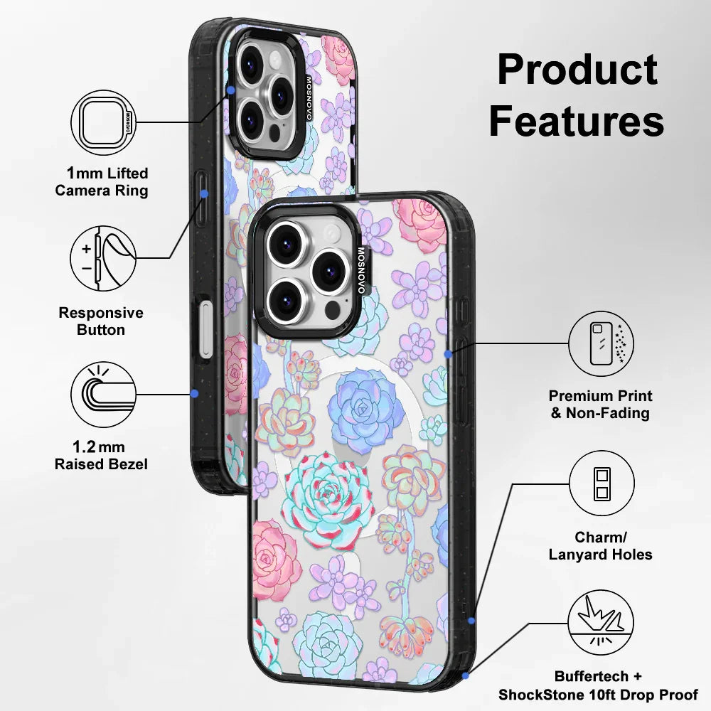 Succulents Phone Case - iPhone 16 Pro Max Case Clear Black ShockStone With MagSafe