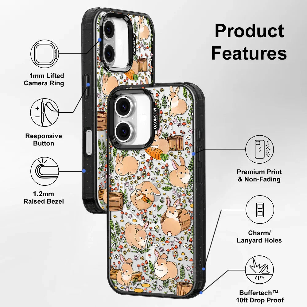 Cute Bunny Garden Phone Case - iPhone 16 Case Clear Black ShockStone With MagSafe