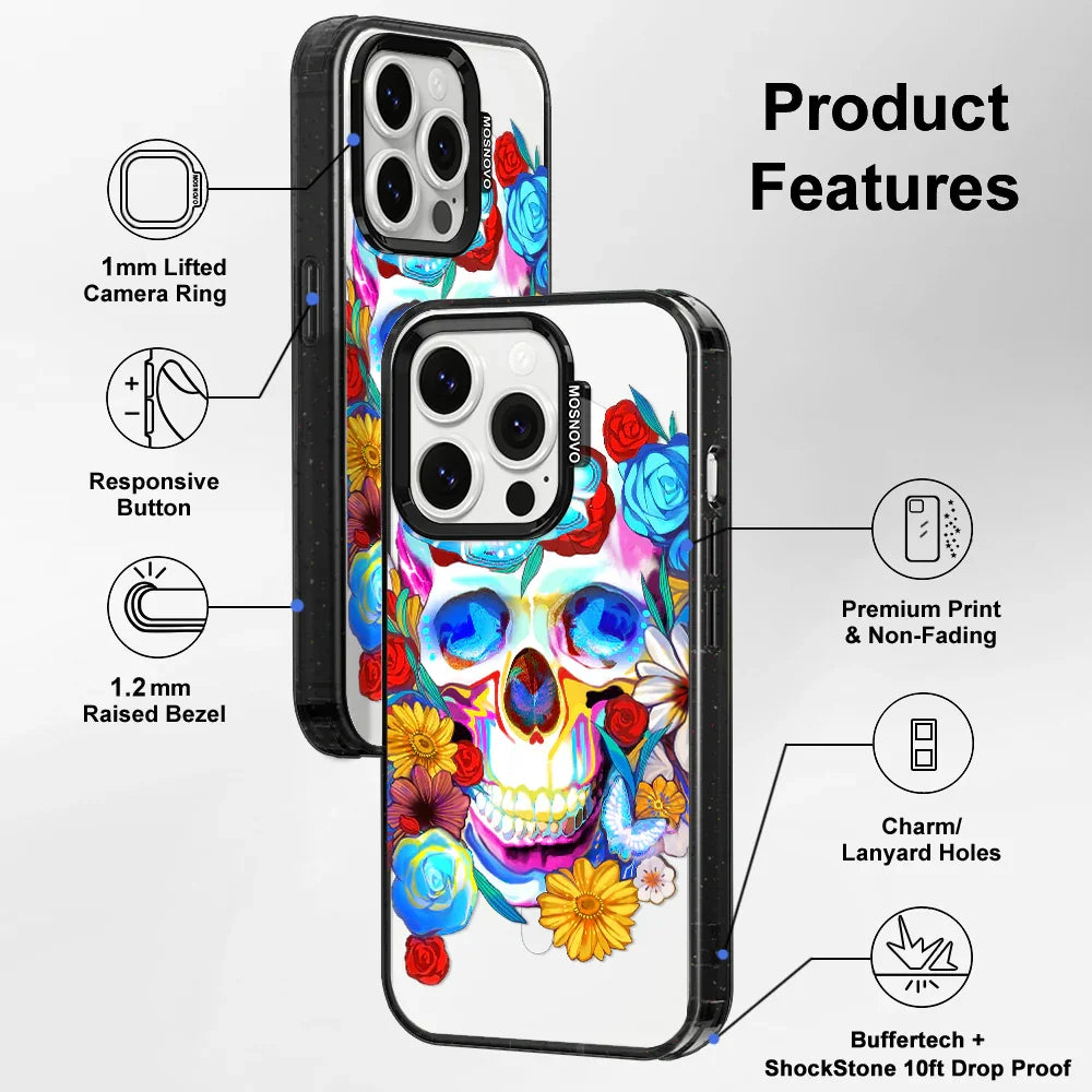Sugar Flower Skull Phone Case - iPhone 14 Pro Case Clear Black ShockStone With MagSafe