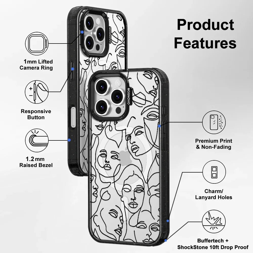 Abstract Face Line Art Phone Case - iPhone 16 Pro Max Case Clear Black ShockStone With MagSafe
