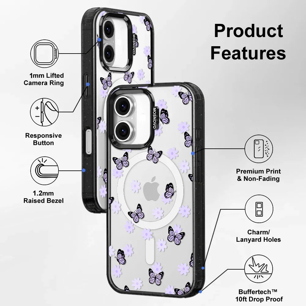 Lilac Butterfly Phone Case - iPhone 16 Case Clear Black ShockStone With MagSafe