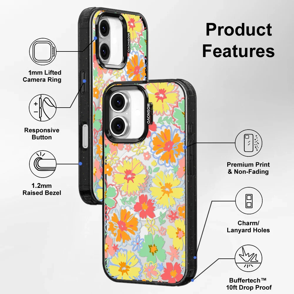 Retro Boho Hippie Flowers Phone Case - iPhone 16 Plus Case Clear Black ShockStone With MagSafe